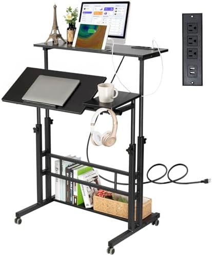 Hadulcet Stand Up Desk, Rolling Desk Adjustable Height, Mobile Standing Desk with Wheels & Charging Station, Portable Stand for Laptop, Rolling Computer Cart TV Tray, Small Standing Desk Drawing Table by Hadulcet