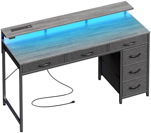 Huuger Gaming Desk with 6 Drawers, Computer Desk with LED Lights Power Outlets and Type-C, 47 Inch Office Desk with Storage, Monitor Stand, Writing Work Desk Home Office, Bedroom, Study, Grey by Huuger