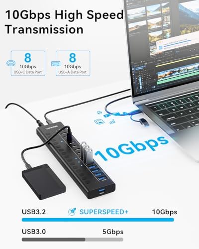 VANGREE Powered USB Hub,16 Ports 10Gbps USB C Hub, 8*USB-A 3.2+8*USB-C 3.2 - Image 3
