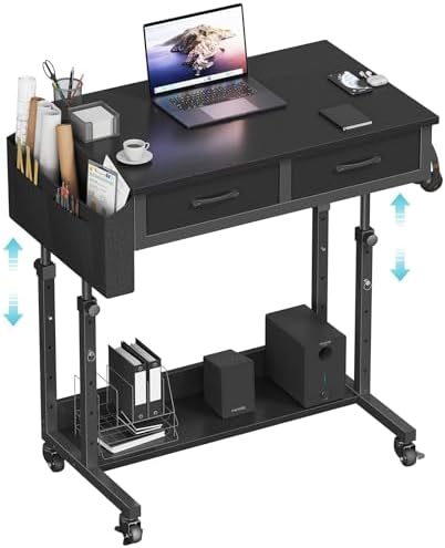 Small Portable Rolling Standing Desk - 32 Inch Adjustable Mobile Stand Up Gaming Desks with 2 Fabric Drawers on Wheels, Couch Sofa Side Laptop Table with Storage for Home Office, Black by Unknown