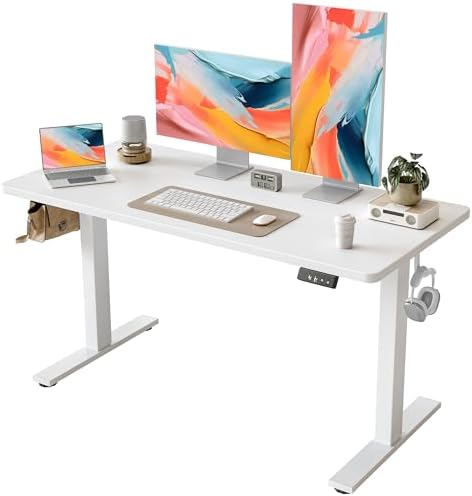 TIQLAB Electric Standing Desk, Adjustable Height Stand up Desk, 55 * 24 Inches Sit Stand Home Office Table with Splice Board, White by TIQLAB