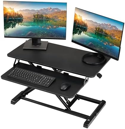 TechOrbits Standing Desk Converter - 32 Inch Adjustable Sit to Stand Up Workstation, Particle Board, Dual Monitor Desktop Riser with Keyboard Tray, for Home Office Laptop, Black 32" by TechOrbits