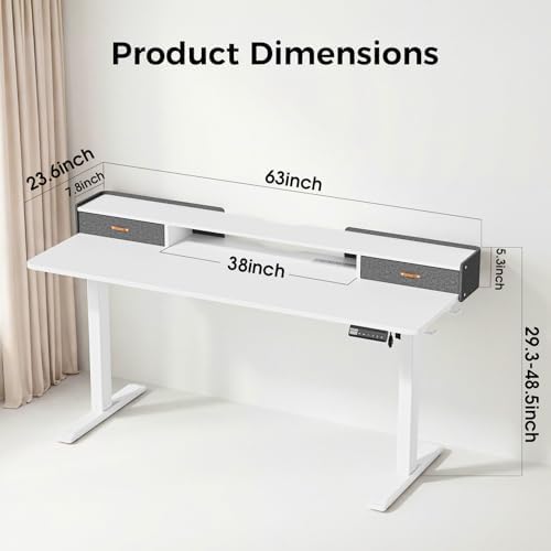Electric Standing Desk with Drawers, 63 Inch Height Adjustable Desk with Power Outlets & LED Lights, Sit Stand Table with Monitor Stand for Home, Office, White - Image 2