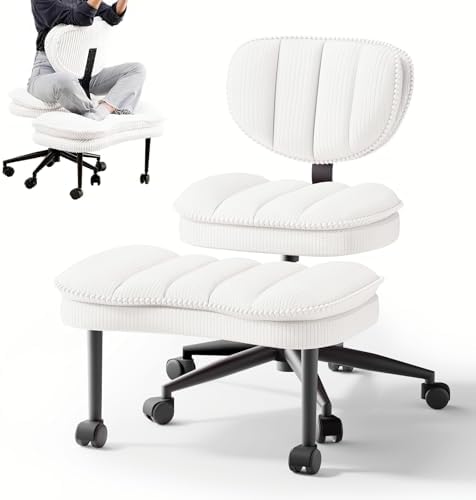 Cross Legged Office Chair, Ergonomic Cloud Criss Cross Desk Chair, Meditation Chair with Wheels, Height Adjustable Seat for ADHD, Wide Kneeling Chair with Back Support, Corduroy Fabric by HOMRELEXA