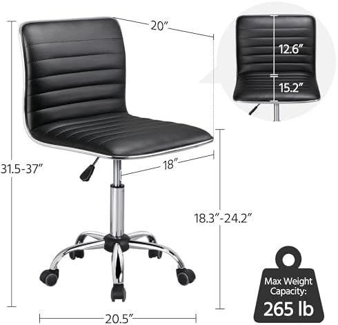 Yaheetech Black Armless Vanity Desk Chair with Wheels, Ribbed PU Leather - Image 3