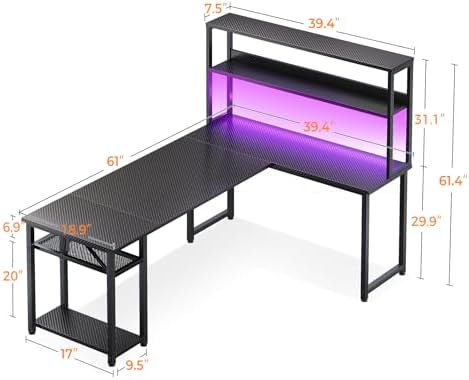 ODK 61 Inch L Shaped Gaming Desk with Hutch & Headphone Hook - Image 3