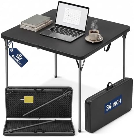 34" Square Folding Table for 4 Person, 330lbs Weight Capacity Foldable Table with HDPE Tabletop & Heavy-Duty Steel Legs, Large Portable Picnic Table for Indoor Outdoor Parties, Camping, Black by GlowitLian