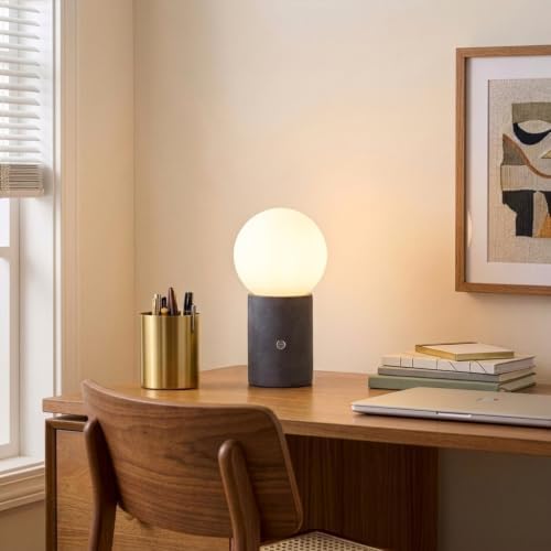 Brightech Kai LED Table Lamp - 11" Small Lamp with Unique Cement Base, Modern Desk Lamp, Nightstand Lamp with Ambient Lighting for Bedrooms, Living Room, Den - Modern Globe Lamp Shade - Image 2