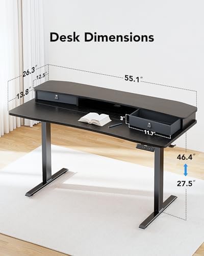 HUANUO 55″ x 26″ Electric Standing Desk with 2 Drawers, C-Clamp Mount Compatible, Height Adjustable Computer Desk, Home Office Stand Up Desk with 4 Preset Heights & 2 Hooks, Black - Image 2
