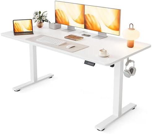 Cubiker Standing Desk, 55x28 Inches Sit Stand Home Office Desk, Electric Stand up Desk, Adjustable Desk with Splice Board, White Frame/White Top by CubikerHomeOfficeFurniture