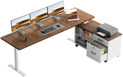 OffiGo 71" L Shaped Electric Standing Desk with Cabinet Sets, Walnut/White by OfficeGo-ForHomeOfficeWork