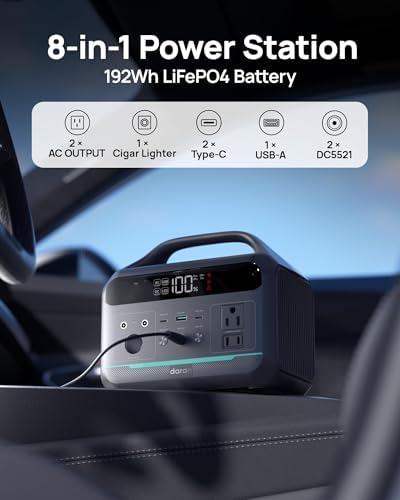 Daran 300W Portable Power Station (600W Surge) | 192Wh LiFePO4 Solar Generator for Camping, RV & Emergency | 8-in-1 Lightweight Battery Supply with 60W PD & LED Light for Laptop, Drone - Image 3