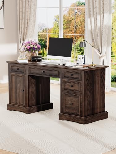 Vipbear 60" Farmhouse Executive Desk with Drawers and Cabinet, Embossed Texture Wood Home Office Desk, Rustic Computer Writing Desk, Workspace for Work Study Writing by VipbearLiving