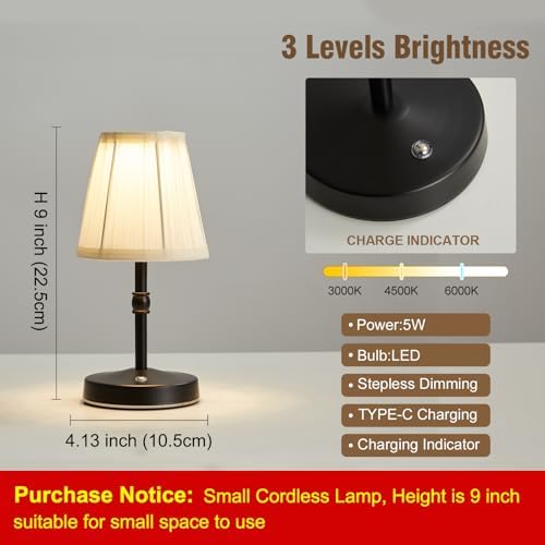 5W LED Cordless Mini Lamp,3000 mah Battery Operated Lamps,3 Color Temperature Dimmable Table Light,Small Rechargeable Lamp,Kitchen Lamps countertop,Restaurant (Black) - Image 5