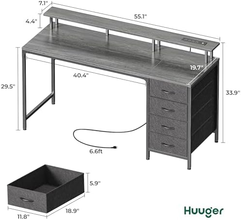 Huuger 55 Inch Computer Desk with Power Outlets and LED Lights, Gaming Desk with 4 Drawers, Office Desk with Monitor Stand, Study Work, Home Office, Gray - Image 2