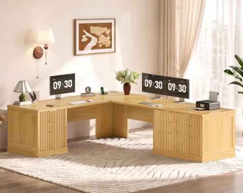 SEDETA Fluted 78.8" L Shaped Executive Desk with 6 Drawers, Oak - Image 3