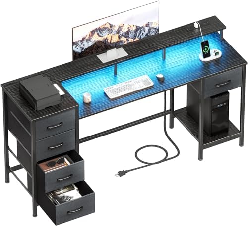 Korfile 55 Inch Gaming Computer Desk with Power Outlets,LED,5 Drawers,Black by Korfile