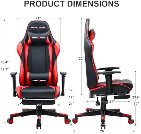 GTPLAYER Gaming Chair with Footrest, Ergonomic Computer Game Desk Chair, Reclining Gamer Chair Seat Height Adjustment, Swivel Rocker with Headrest and Lumbar (Brickred) - Image 2
