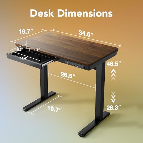 HUANUO Electric Standing Desk with Drawers, 35 X 20 Inch Electric Adjustable Height Desk, Quick Install One-Piece Tabletop with USB Charging Ports, Sit to Stand Up Desk for Home Office, Black Walnut - Image 2