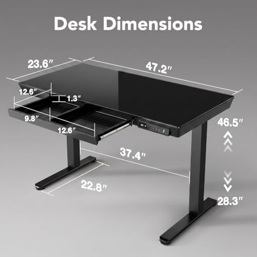 HUANUO Glass Standing Desk with Drawers, 48 X 24 Inch Electric Adjustable Height Desk, Quick Install One-Piece Tabletop with USB Charging Ports, Black - Image 3