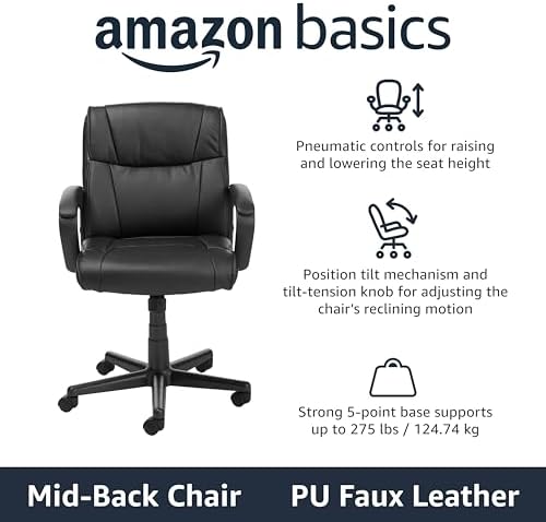Amazon Basics Office Task Chair with Adjustable Height, 360° Swivel, Padded Armrests, Mid-Back, Rolling, 275 Pound Capacity, 24.2"D x 24"W x 34.8"H, Black Faux Leather - Image 4