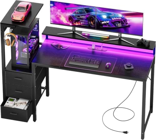 HLDIRECT 60 Inch Gaming Desk with Power Outlets & LED Lights, Black by HLDIRECT