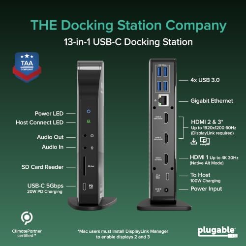 Plugable USB-C Triple Monitor Docking Station, 13-in-1, 100W Charging - Image 2