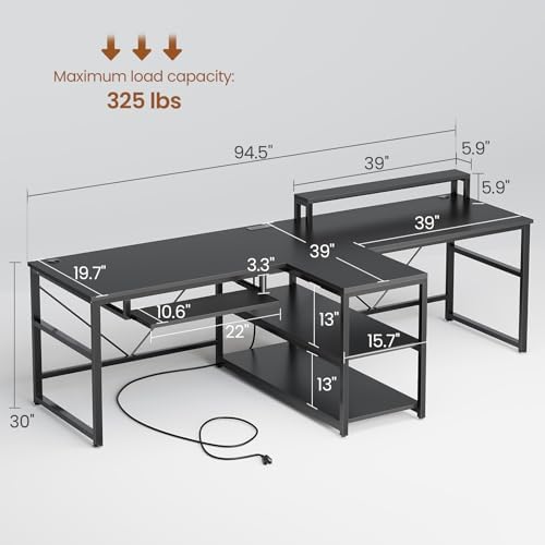 SEDETA 94.5" 2 Person Gaming Desk with Storage Shelves, LED Light, Black - Image 2