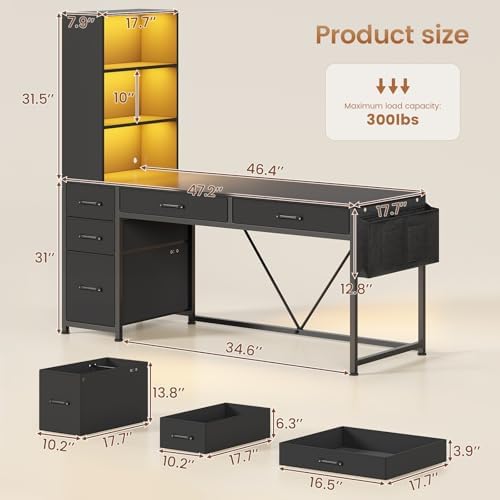 SEDETA Computer Gaming Desk with 5 Drawers and Bookshelf, Reversible Home Office Desk with Storage Shelves and File Drawer, Corner Desk with LED Lights for Small Spaces, Black - Image 2