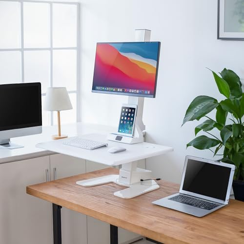 Mount-It! Electric Standing Desk Converter, Adjustable Tabletop Sit Stand Desk Riser with Single Monitor Mount for Monitors up to 32", Freestanding 28" Wide Platform Rises up to 20.75" White - Image 2