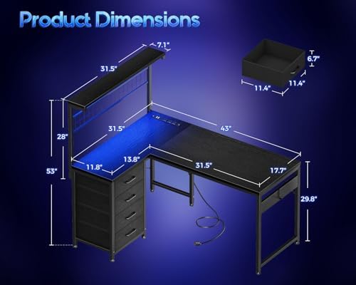 MOTPK 43" L Shaped Gaming Desk with Shelf & 4 Drawers, Black - Image 2