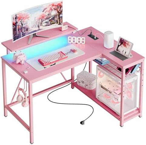 Bestier 42-Inch Pink L-Shaped Gaming Desk with Charging & LED by Bestier