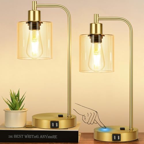 Set of 2 Industrial Touch Control Table Lamps with 2 USB Ports and AC Outlet - 3-Way Dimmable Gold Bedside Lamp Nightstand Desk Lamps for Bedroom Living Room, Amber Glass Shade & 2 LED Bulbs Included by Nintiue