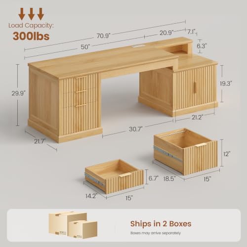 SEDETA 70.9" Executive Desk, Fluted Office Desk with Drawers, Oak - Image 2