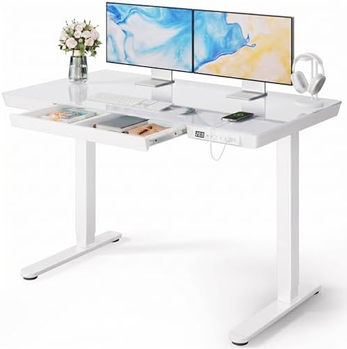 Marsail 47.24 inch Glass Standing Desk with 2-Zone Drawer Storage, White by Marsail