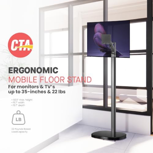 CTA Ergonomic Floor Stand for Monitors & TV’s Up to 35-inches & 22 lbs - Mobile Stand with Anti-Knockdown Base & Height Adjustable - Commercial Grade - Black - (ADD-MSADFSB) - Image 3