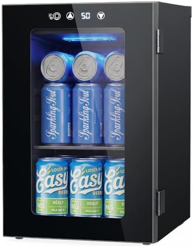 24 Can Beverage Refrigerator, Countertop Mini Fridge with Glass Door, Black by Feelfunn