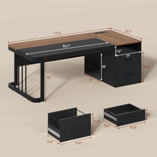 70.9" Executive Desk with Power Outlet, Large Office Desk with Drawers & Lateral File Cabinet, Long Computer Desk with Adjustable Storage Shelves, Modern Workstation Business Furniture (Walnut) - Image 2