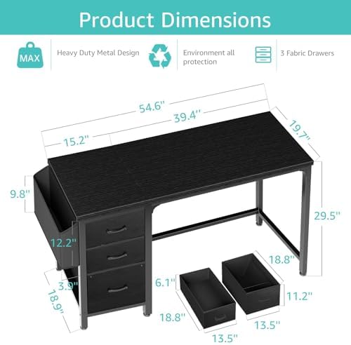 Lufeiya Computer Desk with Fabric File Drawers Cabinet, 55 Inch Reversible Home Office Desks with Filing Cabinet, Study Writing Table PC Desks with Storage for Bedroom, Black - Image 3