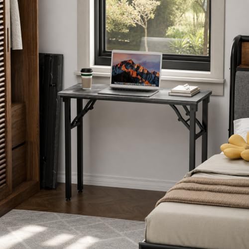 Folding Table Computer Desk - 35.8" No Assembly Folding Desk Design and Foldable Office Desk, Small Desk for Bedroom, Compact Storage Portable Use for Dorm and RV Small Space, Marble Greige - Image 2