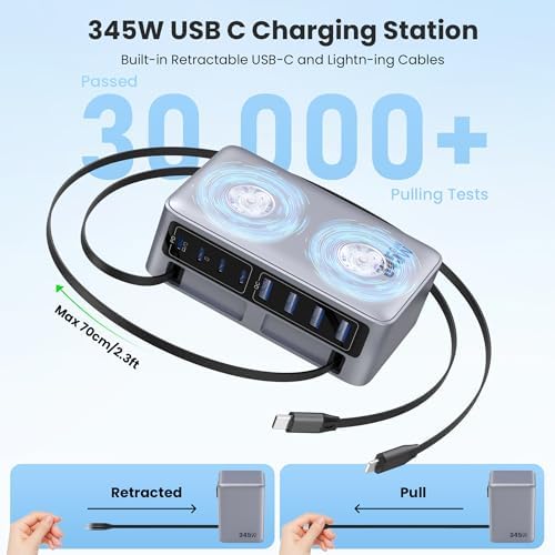 345W USB C Charger 10 in 1 Retractable Wall Charger with 2 Cables,GaN 6 USB C Charging Station Phone Charging PD Laptop Charger Adapter for MacBook Pro/Air,DELL,iPhone17/16/15,Galaxy S24,Android etc - Image 2