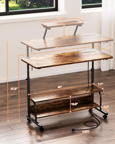 Height Adjustable Standing Desk with Power Outlets and LED Lights - 39" Manual Stand Up Desk with Monitor Stand and Storage Shelves Small Mobile Rolling Computer Desk Portable Laptop Table, Rustic - Image 3