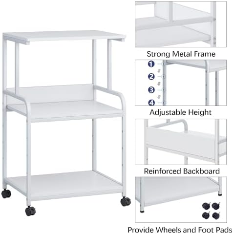 Arbuxzuy Printer Stand with Storage Shelf,3 Tier Printer Cart with Wheels,Mobile Printer Table for Home Office,Stands for Printer Heat Press Scanner Fax,Industrial Style (White) - Image 2