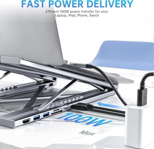 Laptop Stand with Docking Station, 8 in 1 USB C Hub HDMI Portable Laptop Stand for Desk with USB Ports, Multiport USBC Dock Stands Foldable Adjustable Computer Riser Holder Dongle for MacBook - Image 4