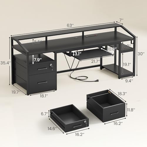 SEDETA 63" Computer Desk, Office Desk with Lockable Drawers for Legal/Letter File, Gaming Desk with LED Lights & Power Outlet, Home Office Desks with Storage, Black - Image 2
