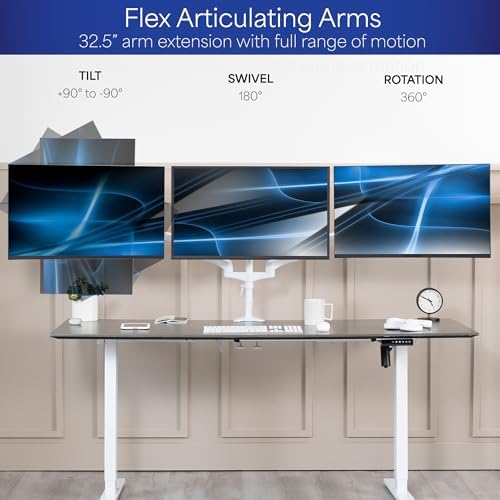 VIVO 17 to 32 inch Triple Pneumatic Monitor Mount, 2 Pneumatic Arms, 1 Fixed, Adjustable Swivel, Rotation, Heavy Duty VESA Desk Stand with C-clamp, Max VESA 100x100, White, STAND-V300GW - Image 3