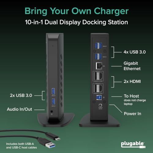 Plugable Dual DisplayPort & HDMI Docking Station - USB 3.0 & USB-C Laptop Dock for Dual Monitors, DisplayLink, Mac (Driver Required), ChromeOS & Windows, Gigabit Ethernet and Audio (UD-6950Z) - Image 2
