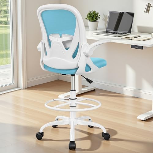 Primy Drafting Chair Tall Office Chair with Flip-up Armrests Executive Ergonomic Computer Standing Desk Chair with Lumbar Support and Adjustable Footrest Ring（Blue） - Image 2