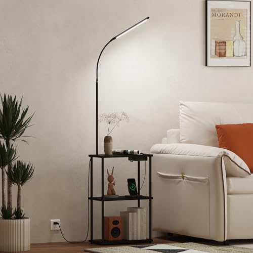 Qupui LED Floor Lamp with Table, 15W Dimmable, USB Charging, Black - Image 5