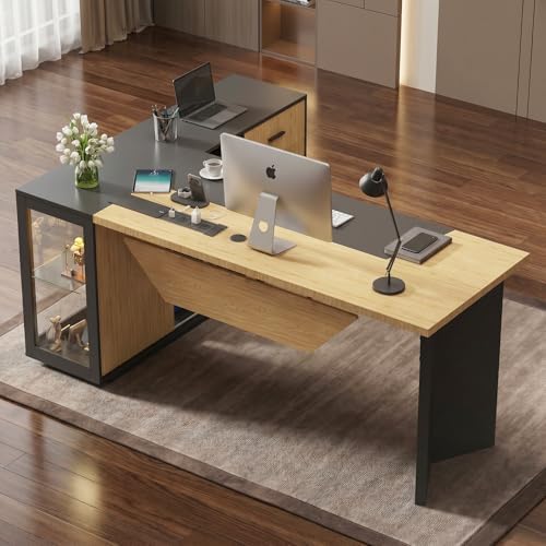 74.4" L-Shaped Executive Desk, Large Office Desk, Black + Light Wood - Image 3